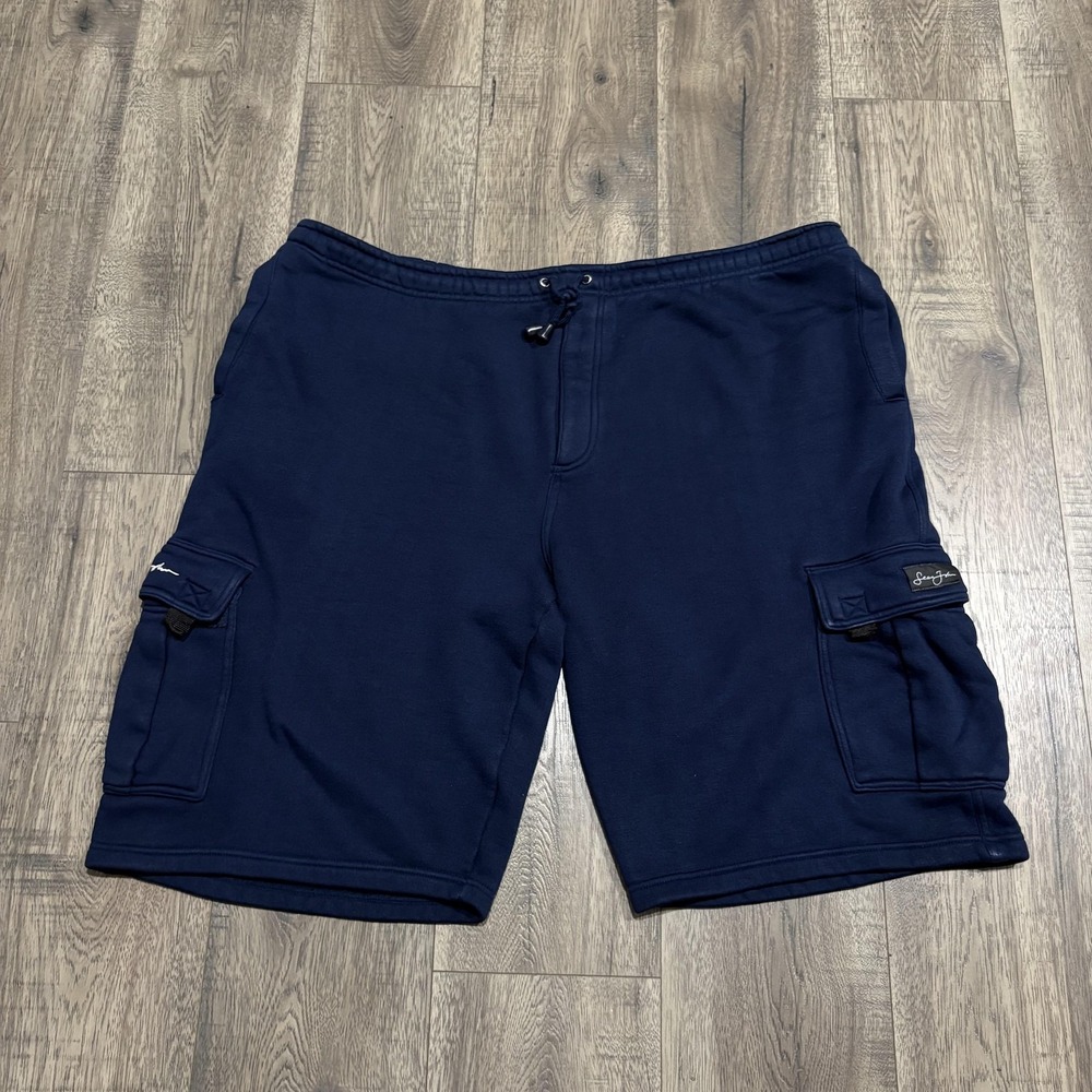 Sean John Shorts Mens 2XL Blue Fleece Cargo Sweatshort Elastic Waist 11" Inseam